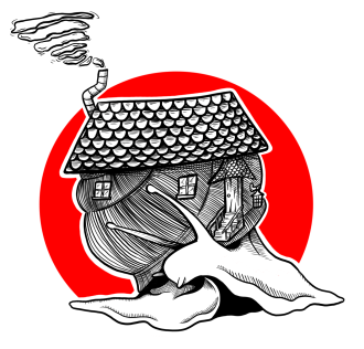 A snail with a roof and windows on her house.