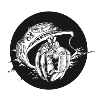 A hermit crab sitting in a diver suit helmet.