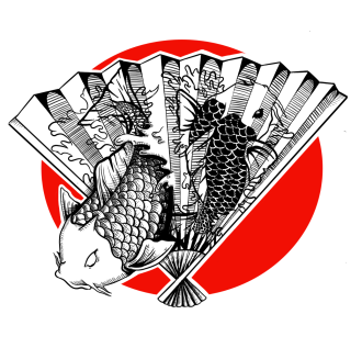 A japanese Fan with 2 koi fish and one of it swims out of the fan.